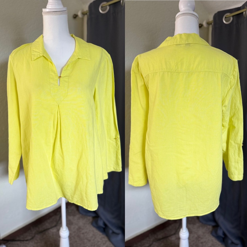 Ellen Tracy Linen Blend Lime Yellow Roll Tab Sleeve Tunic Top XL